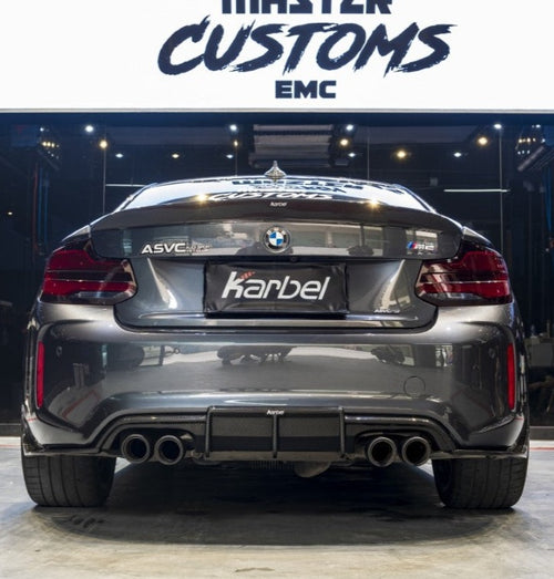 BMW M2 / M2C F87 2016-2021 with Aftermarket Parts - Pre-preg Carbon Fiber Rear Diffuser & Canards from Karbel Carbon