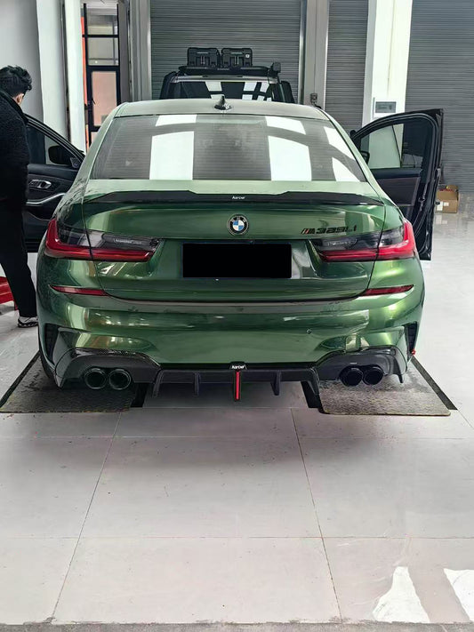 BMW 3 Series 330i (with M-package bumper, does not fit base model) M340i G20 G21 Pre-LCI 2019-2022 with Aftermarket Parts - Rear Diffuser & Canards Pre-preg Carbon Fiber from Karbel Carbon