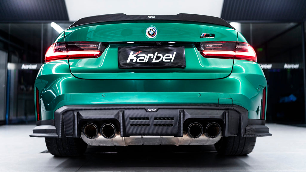 BMW M3 G80 2021-ON with Aftermarket Parts V2 Style Carbon Fiber Rear Diffuser & Canards from Karbel Carbon