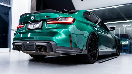 BMW M3 G80 2021-ON with Aftermarket Parts V2 Style Carbon Fiber Rear Diffuser & Canards from Karbel Carbon