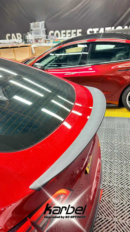 Tesla Model Y 2020-ON with Aftermarket Parts - Rear Spoiler Pre-preg Carbon Fiber from Karbel Carbon