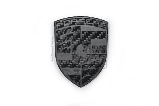 Porsche Style Crest Emblem Badge - Blacked Out Carbon Fiber