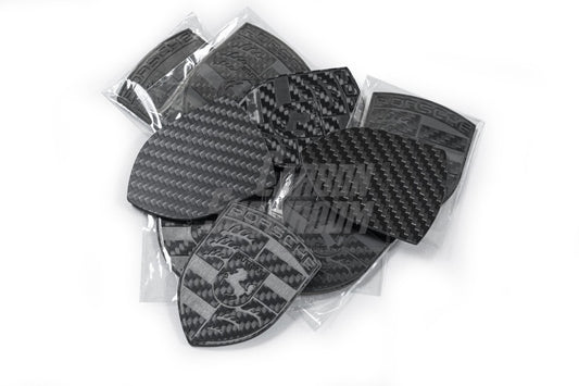 Porsche Style Crest Emblem Badge - Blacked Out Carbon Fiber