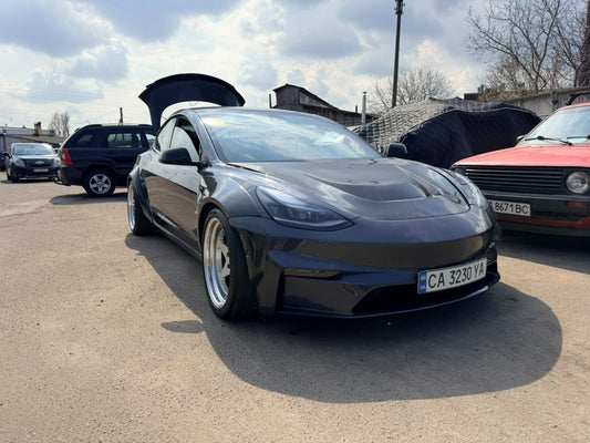 Tesla Model 3 Performance Long Range Standard Base 2017 2018 2019 2020 2021 2022 2023 with Aftermarket Parts - "Crypton" Hood Bonnet Carbon Fiber / FRP from Robot Craftsman