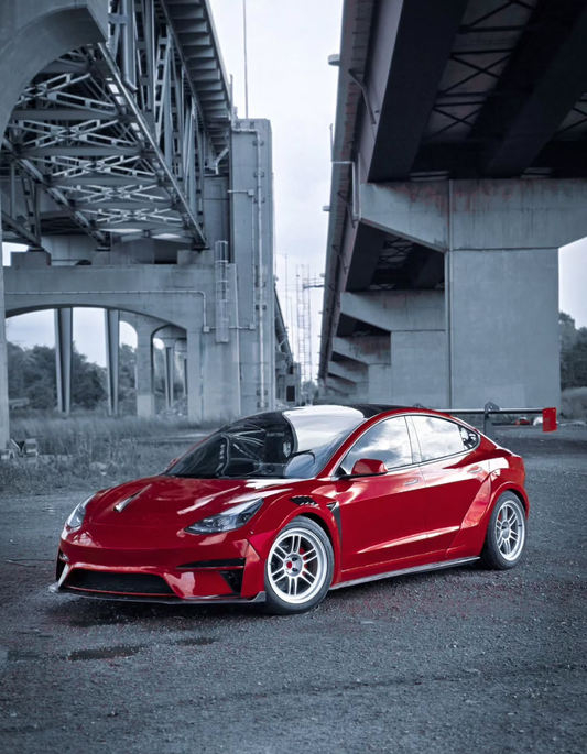 Tesla Model 3 Performance Long Range Standard Base 2017 2018 2019 2020 2021 2022 2023 with Aftermarket Parts - Crypton Front Bumper & Lip Carbon Fiber / FRP from Robot Craftsman