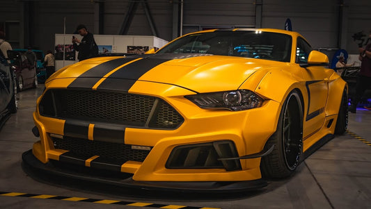 Ford Mustang Ecoboost V6 GT S550.1 2015 2016 2017 & Mustang Ecoboost V6 GT March1 Bullitt S550.1 S550.2 2015 2016 2017 2018 2019 2020 2021 2022 2023 & Mustang Ecoboost V6 GT March1 Bullitt S550.2 2018 2019 2020 2021 2022 2023 with Aftermarket Parts - STORM Widebody Front Bumper & Lip & Replacement Front Lip Only Carbon Fiber/FRP from Robot Craftsman