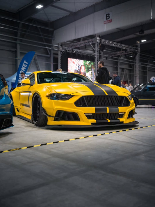 Ford Mustang Ecoboost V6 GT S550.1 2015 2016 2017 & Mustang Ecoboost V6 GT March1 Bullitt S550.1 S550.2 2015 2016 2017 2018 2019 2020 2021 2022 2023 & Mustang Ecoboost V6 GT March1 Bullitt S550.2 2018 2019 2020 2021 2022 2023 with Aftermarket Parts - STORM Widebody Front Bumper & Lip & Replacement Front Lip Only Carbon Fiber/FRP from Robot Craftsman