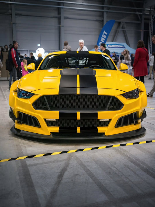 Ford Mustang Ecoboost V6 GT S550.1 2015 2016 2017 & Mustang Ecoboost V6 GT March1 Bullitt S550.1 S550.2 2015 2016 2017 2018 2019 2020 2021 2022 2023 & Mustang Ecoboost V6 GT March1 Bullitt S550.2 2018 2019 2020 2021 2022 2023 with Aftermarket Parts - STORM Widebody Front Bumper & Lip & Replacement Front Lip Only Carbon Fiber/FRP from Robot Craftsman