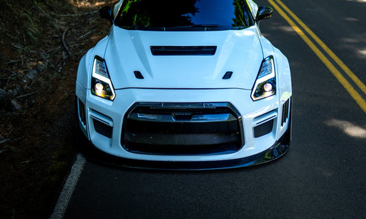 Nissan GTR Nismo Black Edition Track Edition Premium Base CBA DBA 2008 2009 2010 2011 2012 2013 2014 2015 2016 (for installation on 2017 2018 2019 2020 2021 2022 2023 2024 vehicles, 2008 2009 2010 2011 2012 2013 2014 2015 2016 hood is recommended) with Aftermarket Parts - "Godzilla" Widebody Front Bumper & Front Lip Carbon Fiber / FRP from Robot Craftsman