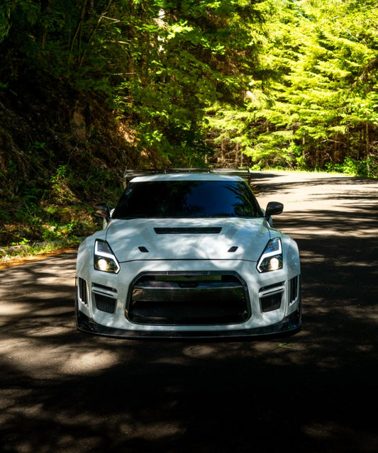 Nissan GTR Nismo Black Edition Track Edition Premium Base CBA DBA 2008 2009 2010 2011 2012 2013 2014 2015 2016 (for installation on 2017 2018 2019 2020 2021 2022 2023 2024 vehicles, 2008 2009 2010 2011 2012 2013 2014 2015 2016 hood is recommended) with Aftermarket Parts - "Godzilla" Widebody Front Bumper & Front Lip Carbon Fiber / FRP from Robot Craftsman