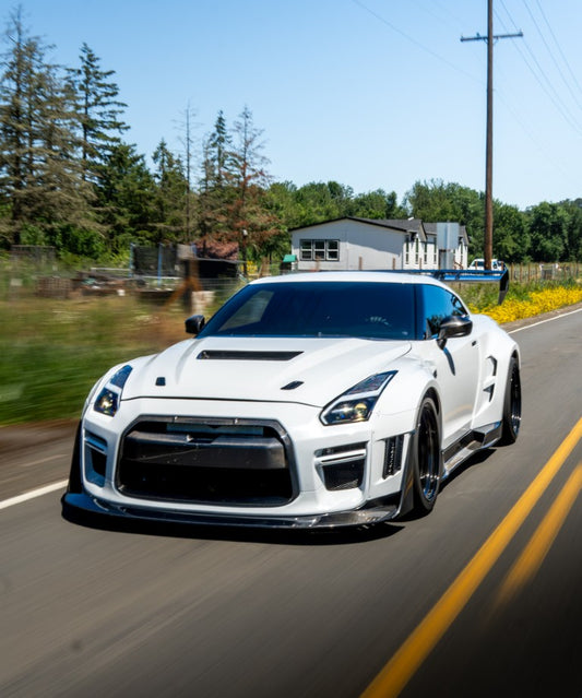 Nissan GTR Nismo Black Edition Track Edition Premium Base CBA DBA 2008 2009 2010 2011 2012 2013 2014 2015 2016 (for installation on 2017 2018 2019 2020 2021 2022 2023 2024 vehicles, 2008 2009 2010 2011 2012 2013 2014 2015 2016 hood is recommended) with Aftermarket Parts - "Godzilla" Widebody Front Bumper & Front Lip Carbon Fiber / FRP from Robot Craftsman