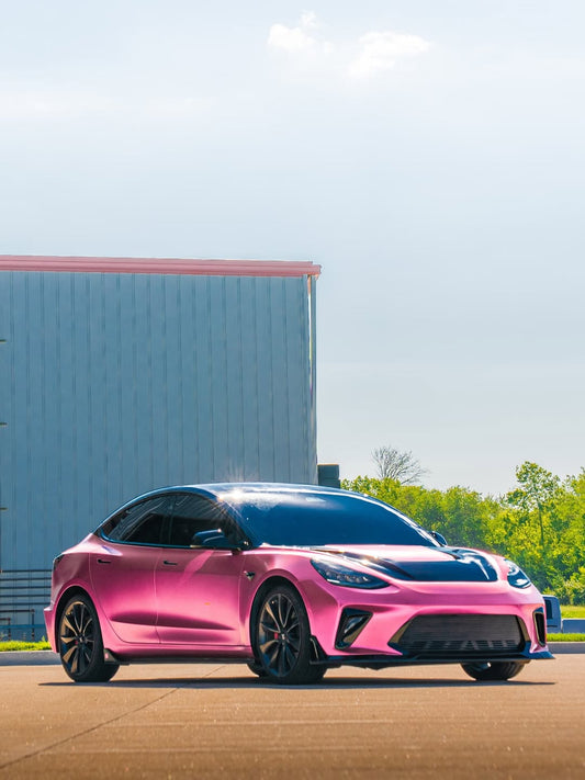 Tesla Model 3 Performance Long Range Standard Base 2017 2018 2019 2020 2021 2022 2023 with Aftermarket Parts - "HACKER" Widebody Front Bumper & Front Splitter Carbon Fiber / FRP from Robot Craftsman