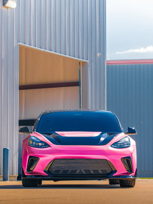 Tesla Model 3 Performance Long Range Standard Base 2017 2018 2019 2020 2021 2022 2023 with Aftermarket Parts - "HACKER" Widebody Front Bumper & Front Splitter Carbon Fiber / FRP from Robot Craftsman