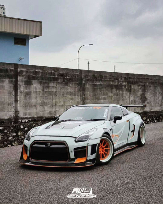 Nissan GTR Nismo Black Edition Track Edition Premium Base CBA DBA 2008 2009 2010 2011 2012 2013 2014 2015 2016 (for installation on 2017 2018 2019 2020 2021 2022 2023 2024 vehicles, 2008 2009 2010 2011 2012 2013 2014 2015 2016 hood is recommended) with Aftermarket Parts - "Godzilla" Widebody Front Bumper & Front Lip Carbon Fiber / FRP from Robot Craftsman