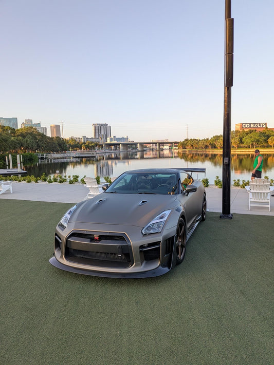 Nissan GTR Nismo Black Edition Track Edition Premium Base CBA DBA 2008 2009 2010 2011 2012 2013 2014 2015 2016 (for installation on 2017 2018 2019 2020 2021 2022 2023 2024 vehicles, 2008 2009 2010 2011 2012 2013 2014 2015 2016 hood is recommended) with Aftermarket Parts - "Godzilla" Widebody Front Bumper & Front Lip Carbon Fiber / FRP from Robot Craftsman