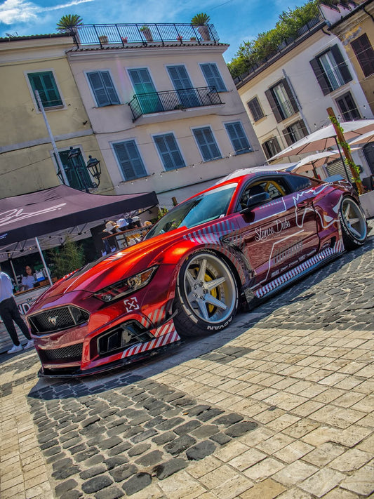 Ford Mustang Ecoboost V6 GT S550.1 2015 2016 2017 & Mustang Ecoboost V6 GT March1 Bullitt S550.1 S550.2 2015 2016 2017 2018 2019 2020 2021 2022 2023 & Mustang Ecoboost V6 GT March1 Bullitt S550.2 2018 2019 2020 2021 2022 2023 with Aftermarket Parts - STORM Widebody Front Bumper & Lip & Replacement Front Lip Only Carbon Fiber/FRP from Robot Craftsman