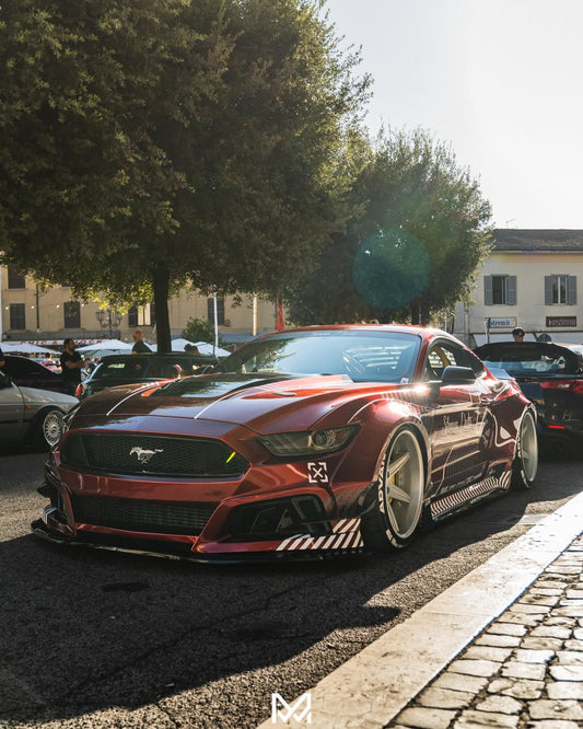 Ford Mustang Ecoboost V6 GT S550.1 2015 2016 2017 & Mustang Ecoboost V6 GT March1 Bullitt S550.1 S550.2 2015 2016 2017 2018 2019 2020 2021 2022 2023 & Mustang Ecoboost V6 GT March1 Bullitt S550.2 2018 2019 2020 2021 2022 2023 with Aftermarket Parts - STORM Widebody Front Bumper & Lip & Replacement Front Lip Only Carbon Fiber/FRP from Robot Craftsman