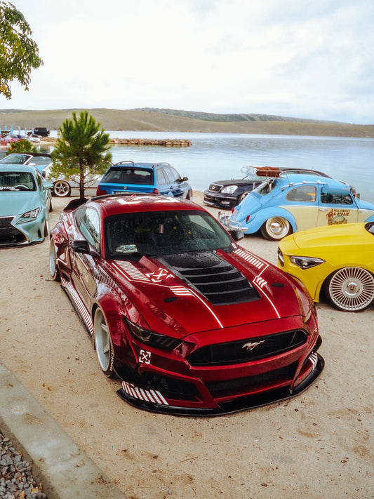 Ford Mustang Ecoboost V6 GT S550.1 2015 2016 2017 & Mustang Ecoboost V6 GT March1 Bullitt S550.1 S550.2 2015 2016 2017 2018 2019 2020 2021 2022 2023 & Mustang Ecoboost V6 GT March1 Bullitt S550.2 2018 2019 2020 2021 2022 2023 with Aftermarket Parts - STORM Widebody Front Bumper & Lip & Replacement Front Lip Only Carbon Fiber/FRP from Robot Craftsman