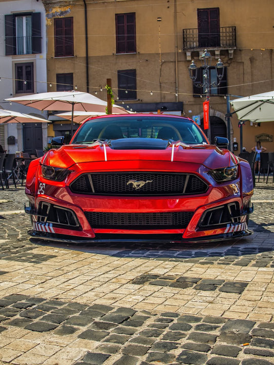 Ford Mustang Ecoboost V6 GT S550.1 2015 2016 2017 & Mustang Ecoboost V6 GT March1 Bullitt S550.1 S550.2 2015 2016 2017 2018 2019 2020 2021 2022 2023 & Mustang Ecoboost V6 GT March1 Bullitt S550.2 2018 2019 2020 2021 2022 2023 with Aftermarket Parts - STORM Widebody Front Bumper & Lip & Replacement Front Lip Only Carbon Fiber/FRP from Robot Craftsman