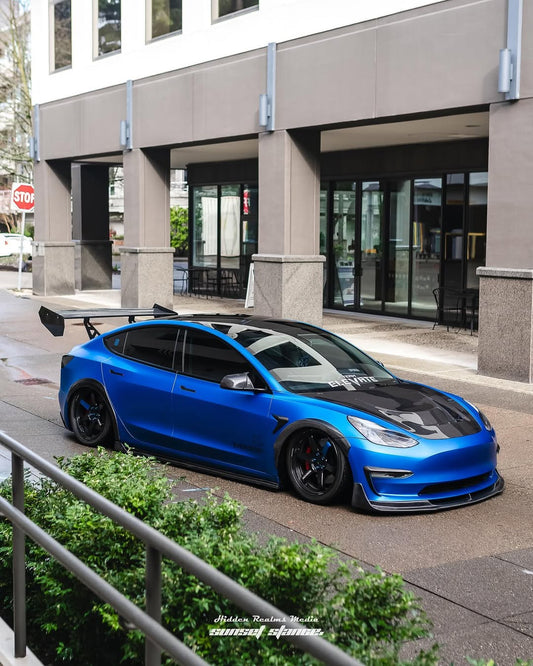 Tesla Model 3 Performance Long Range Standard Base 2017 2018 2019 2020 2021 2022 2023 with Aftermarket Parts - "Crypton" Hood Bonnet Carbon Fiber / FRP from Robot Craftsman