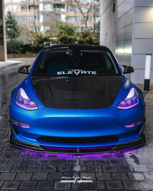 Tesla Model 3 Performance Long Range Standard Base 2017 2018 2019 2020 2021 2022 2023 with Aftermarket Parts - "Crypton" Hood Bonnet Carbon Fiber / FRP from Robot Craftsman