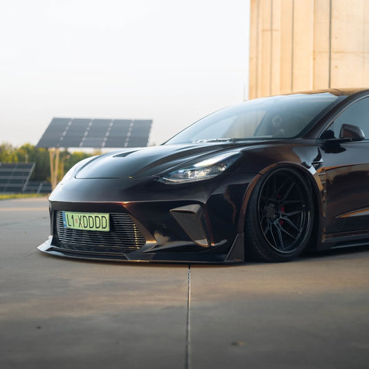 Tesla Model 3 Performance Long Range Standard Base 2017 2018 2019 2020 2021 2022 2023 with Aftermarket Parts - "HACKER" Widebody Front Bumper & Front Splitter Carbon Fiber / FRP from Robot Craftsman