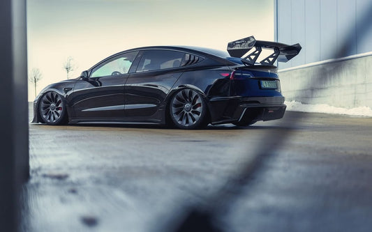 Tesla Model 3 Performance Long Range Standard Base 2017 2018 2019 2020 2021 2022 2023 with Aftermarket Parts - "Hacker" Narrow Body Side Skirts Carbon Fiber / FRP from Robot Craftsman