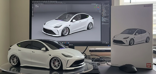 Tesla Model Y Performance AWD Long Range RWD Standard 2020 2021 2023 2024 with Aftermarket Parts - "STARSHIP" Stage 1 Corner Lip (2 pcs) & Stage 2 Corner Lip (4 pcs) & Front Bumper Carbon Fiber / FRP / PP from Robot Craftsman