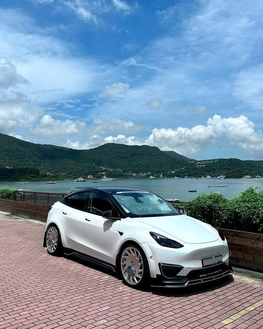 Tesla Model Y Performance AWD Long Range RWD Standard 2020 2021 2023 2024 with Aftermarket Parts - "STARSHIP" Stage 1 Corner Lip (2 pcs) & Stage 2 Corner Lip (4 pcs) & Front Bumper Carbon Fiber / FRP / PP from Robot Craftsman