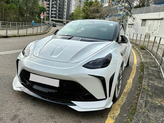 Tesla Model Y Performance AWD Long Range RWD Standard 2020 2021 2023 2024 with Aftermarket Parts - "STARSHIP" Stage 1 Corner Lip (2 pcs) & Stage 2 Corner Lip (4 pcs) & Front Bumper Carbon Fiber / FRP / PP from Robot Craftsman