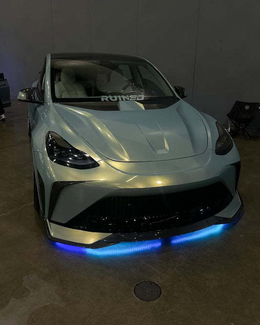 Tesla Model Y Performance AWD Long Range RWD Standard 2020 2021 2023 2024 with Aftermarket Parts - "STARSHIP" Stage 1 Corner Lip (2 pcs) & Stage 2 Corner Lip (4 pcs) & Front Bumper Carbon Fiber / FRP / PP from Robot Craftsman