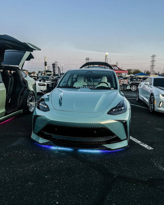 Tesla Model Y Performance AWD Long Range RWD Standard 2020 2021 2023 2024 with Aftermarket Parts - "STARSHIP" Stage 1 Corner Lip (2 pcs) & Stage 2 Corner Lip (4 pcs) & Front Bumper Carbon Fiber / FRP / PP from Robot Craftsman