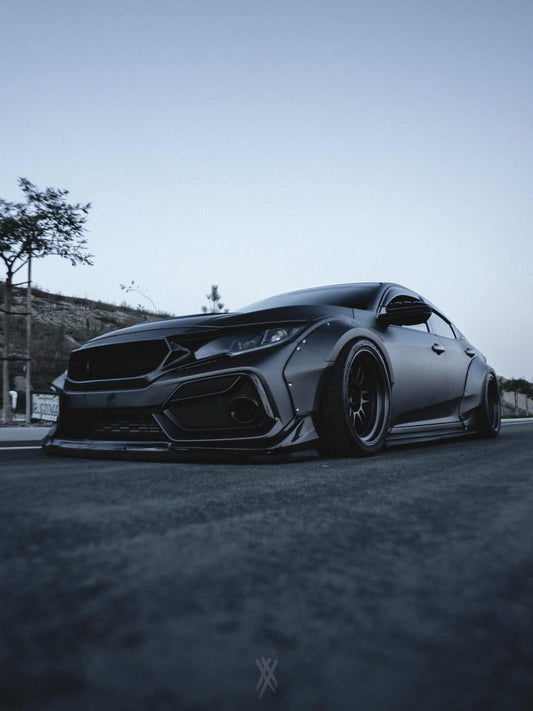 Honda Civic 10th Gen FC1 FC2 FC5 FC6 2016 2017 2018 2019 2020 2021 & Civic 10th Gen FK7 2017 2018 2019 2020 2021 (compatible with both OEM bumper and ROBOT CRAFTSMAN bumper, fits FK7 Hatchback although panel line is slightly different) with Aftermarket Parts - Widebody Wheel Arches Fender Flares Carbon Fiber / FRP from Robot Craftsman