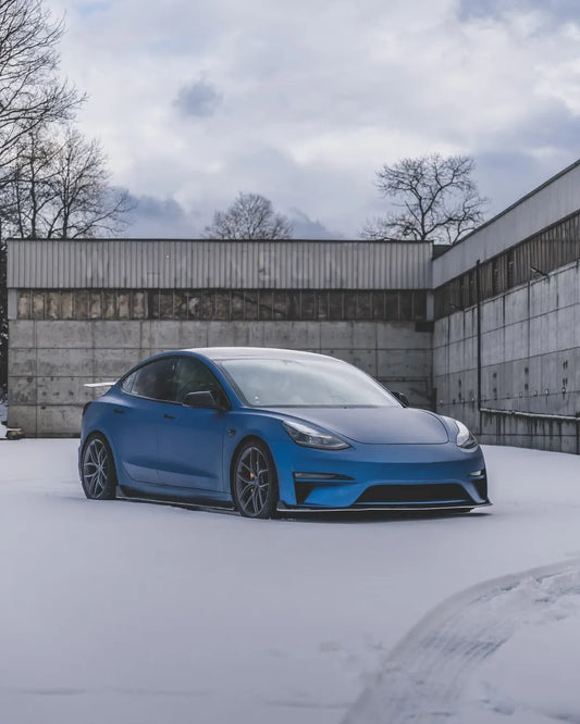 Tesla Model 3 Performance Long Range Standard Base 2017 2018 2019 2020 2021 2022 2023 with Aftermarket Parts - Crypton Front Bumper & Lip Carbon Fiber / FRP from Robot Craftsman