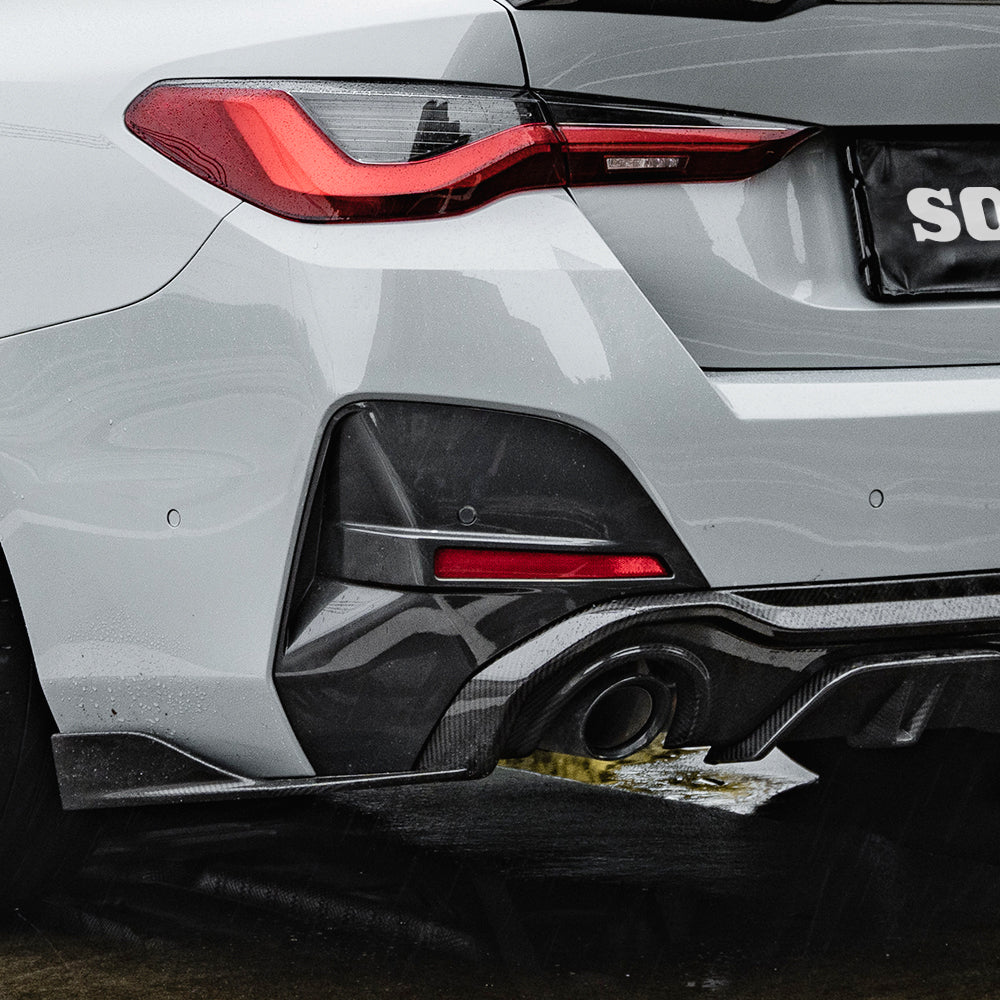 BMW 4 Series Gran Coupe M440i 430i G26 2022 2023 2024 2025 with Aftermarket Parts - V1 & V2 Rear Diffuser & Canards Pre-preg Carbon Fiber from SOOQOO USA