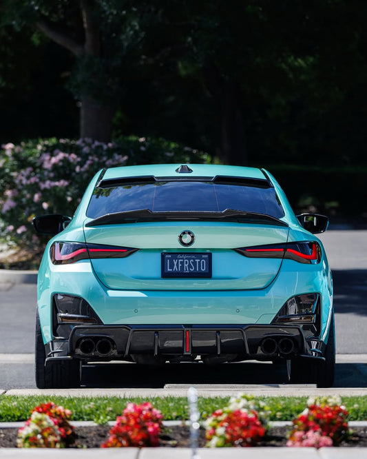 BMW I4 M50 / e Drive 40 G26 2022 2023 2024 & 4 Series Gran Coupe M440i 430i G26 2022 2023 2024 with Aftermarket Parts - Rear Bumper Side Attachment Valence Trim Pre-preg Carbon Fiber from SOOQOO USA
