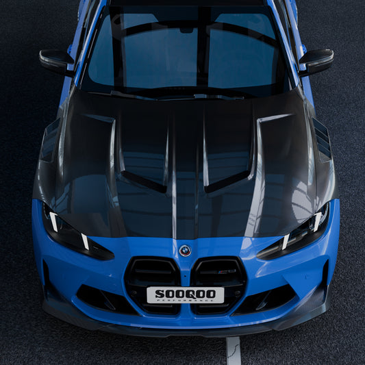 BMW M3 / M3C G80 G81 & M4 / M4C G82 G83 2021-ON with Aftermarket Parts - Hood Bonnet Dry Pre-preg Carbon Fiber from SOOQOO USA