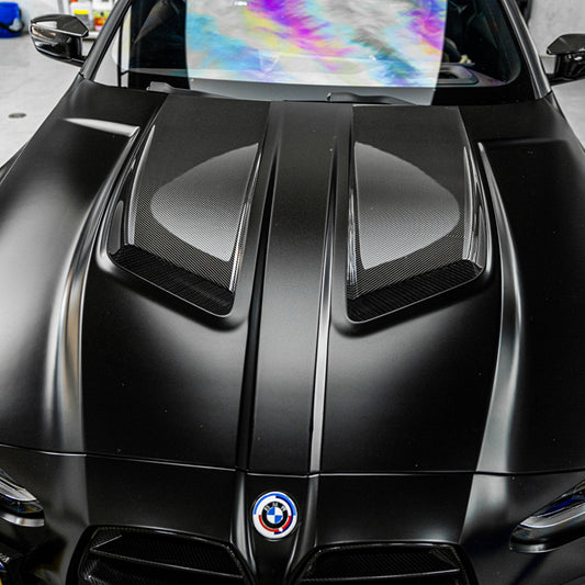 BMW M3 / M3C G80 G81 & M4 / M4C G82 G83 2021-ON with Aftermarket Parts - V2 Hood Bonnet Partial Dry Pre-preg Carbon Fiber from SOOQOO USA