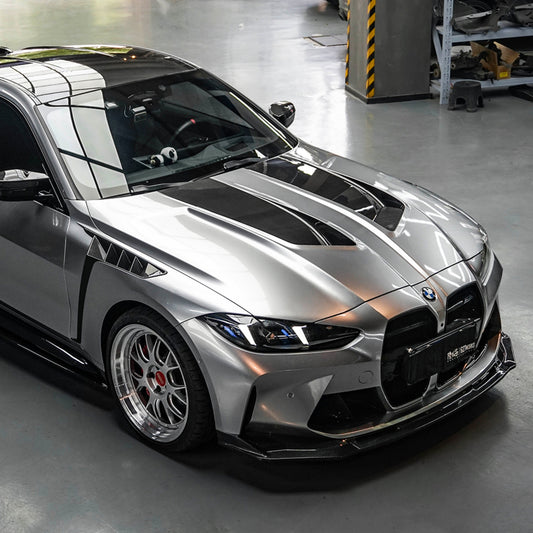 BMW M3 / M3C G80 G81 & M4 / M4C G82 G83 2021-ON with Aftermarket Parts - V2 Hood Bonnet Partial Dry Pre-preg Carbon Fiber from SOOQOO USA