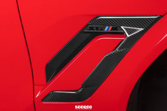 BMW X6M X6MC F96 LCI 2024-ON with Aftermarket Parts - Fender Vents Trims Replacements Dry Pre-preg Carbon Fiber from SOOQOO USA