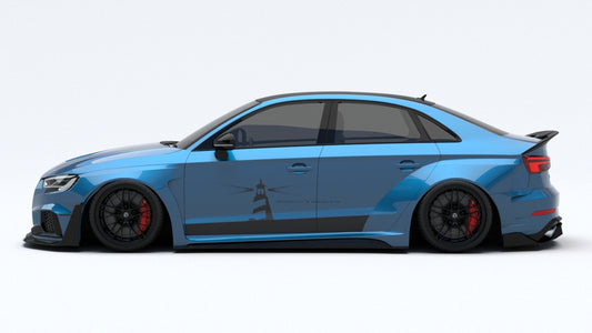 Audi RS3 8V.5 2018 2019 2020 with Aftermarket Parts - Side Skirts & Side Skirts Extentions Carbon Fiber / FRP from SPECTER PLUS