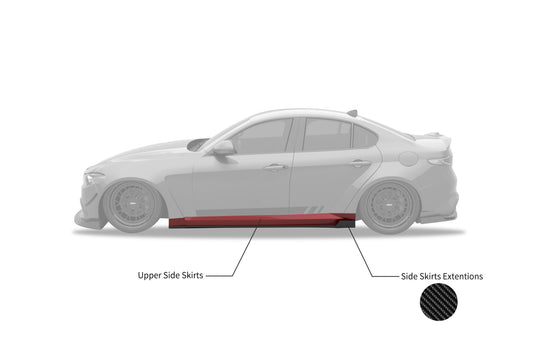 Alfa Romeo Giulia Quadrifoglio Sport Veloce Ti Sprint RWD AWD Lusso Base 2017-ON with Aftermarket Parts - Upper Side Skirts & Side Skirts Extentions Carbon Fiber / FRP from SPECTER PLUS