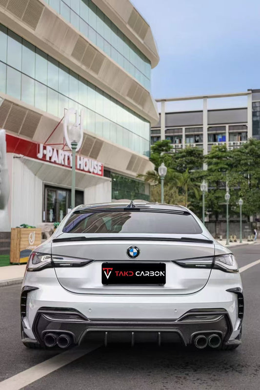 BMW 4 Series 430i (with M-package bumper, does not fit base model) M440i G22 G23 2020-ON with Aftermarket Parts - Rear Diffuser & Canards Pre-preg Carbon Fiber from TAKD Carbon