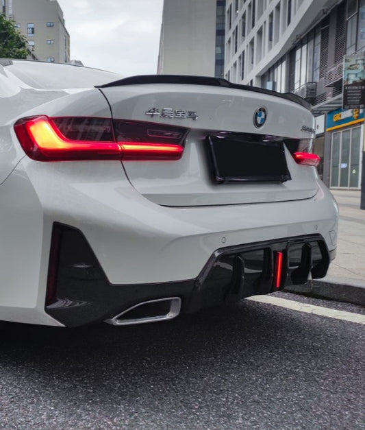 BMW 3 Series 330i (with M-package bumper,Does not fit base model) M340i G20 G28 LCI 2023-ON with Aftermarket Parts - V2 Style Pre-preg Carbon Fiber Rear Diffuser & Canards from TAKD Carbon