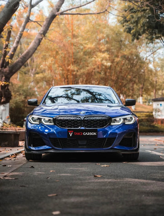 BMW 3 Series 330i (with M-package bumper, does not fit base model) M340i G20 Pre-LCI 2019 2020 2021 2022 with Aftermarket Parts - V2 Style Front Lip Pre-preg Carbon Fiber from TAKD Carbon