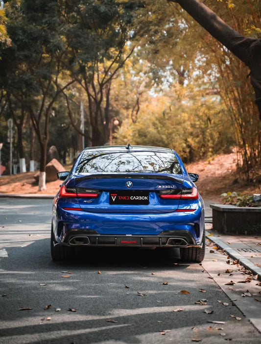 BMW 3 Series 330i (with M-package bumper, does not fit base model) M340i G20 Pre-LCI 2019 2020 2021 2022 with Aftermarket Parts - V2 Style Rear Diffuser & Canards Pre-preg Carbon Fiber from TAKD Carbon