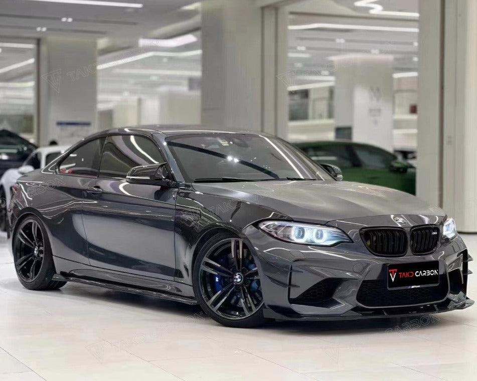 BMW M2 / M2C F87 2016-2021 with Aftermarket Parts - Pre-preg Carbon Fiber Side Skirts from TAKD Carbon