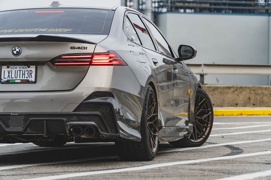 BMW 5 Series 530 540 (with M-package bumper, does not fit base model) G60 G61 2024-ON with Aftermarket Parts - V1 Style Rear Diffuser (Quad Exhaust Tips Included) Pre-preg Carbon Fiber from TAKD Carbon