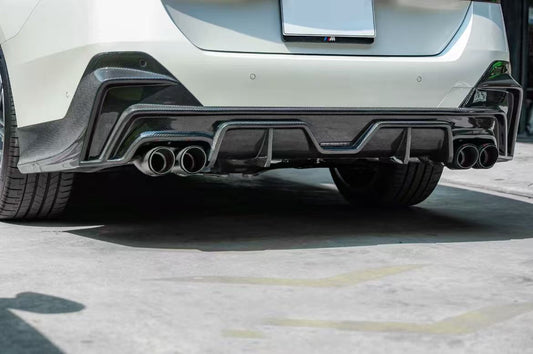 BMW 5 Series 530 540 (with M-package bumper, does not fit base model) G60 G61 2024-ON with Aftermarket Parts - V1 Style Rear Diffuser (Quad Exhaust Tips Included) Pre-preg Carbon Fiber from TAKD Carbon