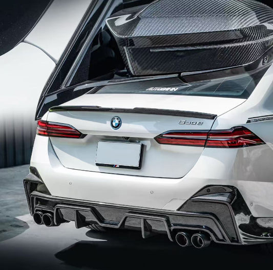 BMW 5 Series 530 540 (with M-package bumper, does not fit base model) G60 G61 2024-ON with Aftermarket Parts - V1 Style Rear Diffuser (Quad Exhaust Tips Included) Pre-preg Carbon Fiber from TAKD Carbon